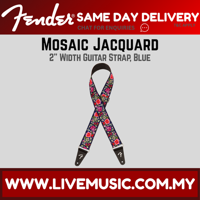 Fender mosaic jacquard guitar strap on blue background with multicolor pattern and black ends