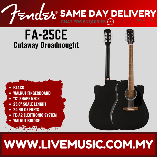 Fender FA-25CE Dreadnought Acoustic Guitar, Black ( FA25CE / FA25CE )
