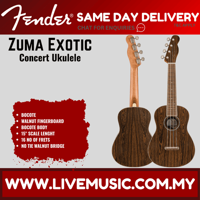 Fender Zuma Exotic Concert Ukulele, Walnut FB, Bocote