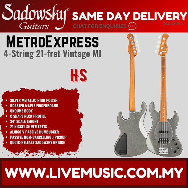 Sadowsky MetroExpress 21-fret Vintage MJ Bass Guitar, Roasted Maple FB, Silver Metallic High Polish