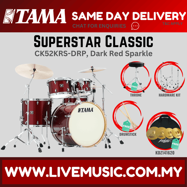 Dark red sparkle 5-piece drum set with bass, snare, toms and cymbals