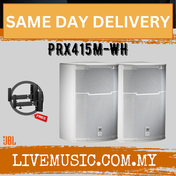 JBL PRX415M passive 15 inch speaker cabinet pair, white, with stand shown