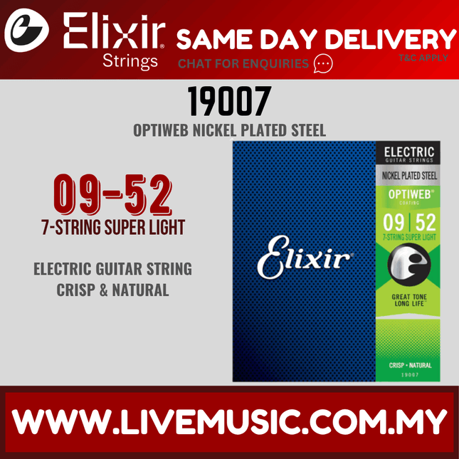 Elixir 19007 Optiweb Super Light 7-String Electric Guitar Strings, 09-52