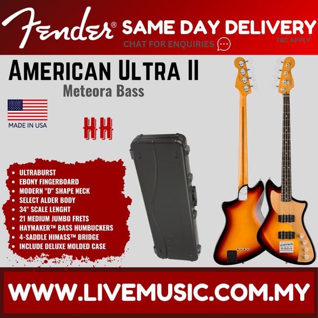 Ebony-fingerboard Meteora bass guitar with Ultraburst finish and black molded case