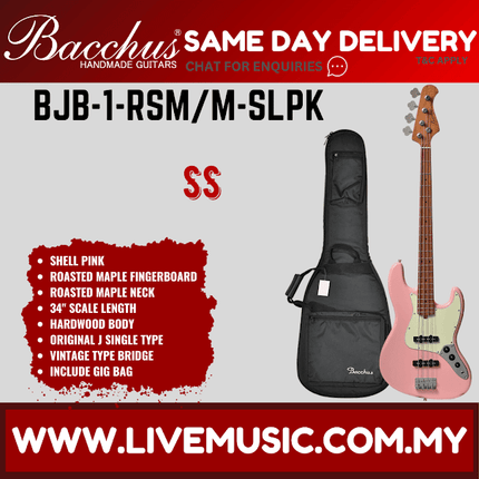 Bacchus BJB-1 RSM/M 4-String Electric Bass, Roasted Maple Fretboard - Shell Pink (BJB-1-RSM/BJB1)