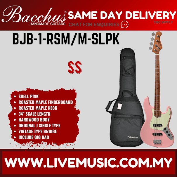 Shell pink 4-string electric bass with roasted maple fretboard and gig bag