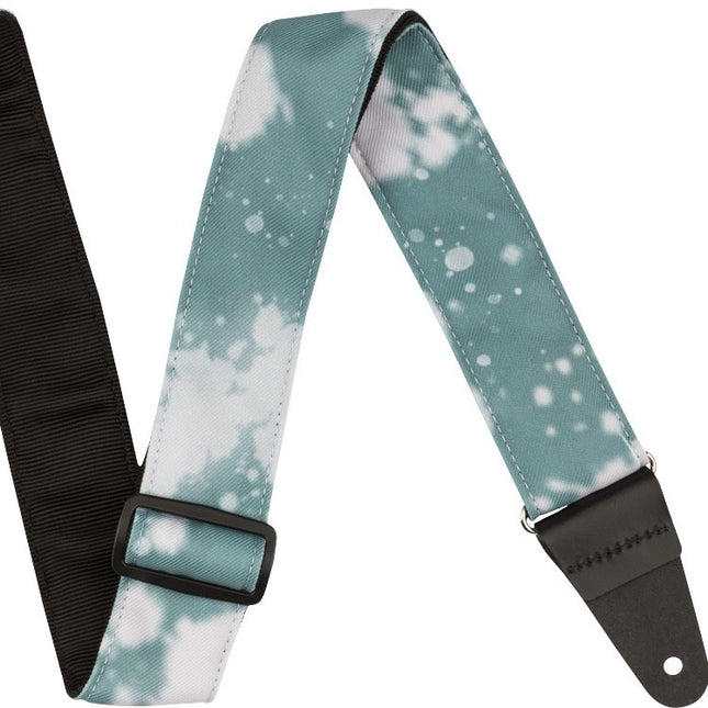 Teal tie-dye guitar strap with black buckle and adjustable end strap keeper