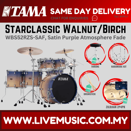 Starclassic walnut/birch 5-piece drum shell pack with purple fade and Zildjian ZP4PK
