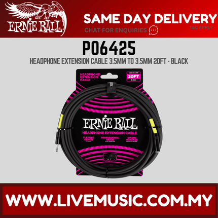 Ernie Ball EB6425 Headphone Extension Cable 3.5mm to 3.5mm 20 Ft, Black