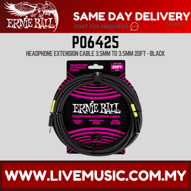 Ernie Ball EB6425 Headphone Extension Cable 3.5mm to 3.5mm 20 Ft, Black