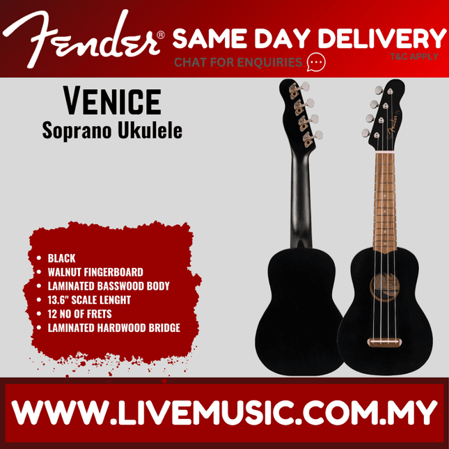 Black soprano ukulele with walnut fretboard and hard bridge.