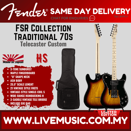 Fender FSR Collection Traditional 70s Telecaster Custom Electric Guitar, Maple FB, 3-Tone Sunburst