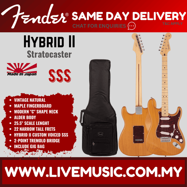 Fender Japan Hybrid II Stratocaster Electric Guitar, Maple Fretboard with Gig Bag - Vintage Natural