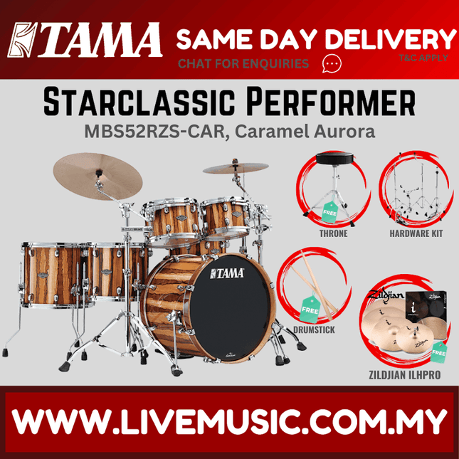 5-piece drum shell pack with brown Caramel Aurora finish and Zildjian ILHPRO cymbals