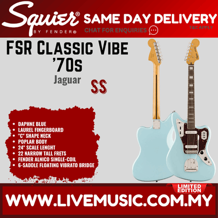 Squier FSR Classic Vibe 70s Jaguar Electric Guitar, Laurel FB, Daphne Blue