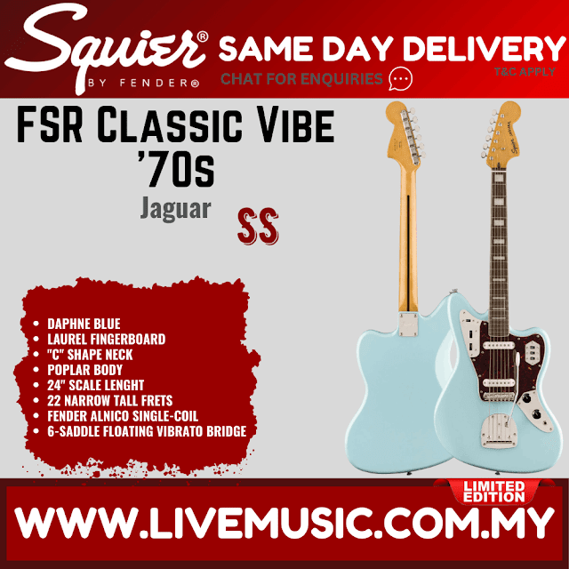 Squier FSR Classic Vibe 70s Jaguar Electric Guitar, Laurel FB, Daphne Blue