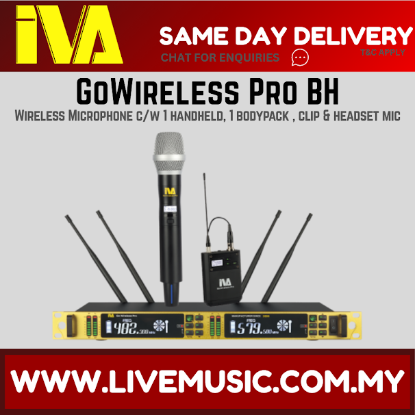 IVA GoWireless Pro BH UHF Wireless Microphone c/w 1 handheld, 1 bodypack , clip & headset mic ( GoWirelessPro-BH / GoWirelessProBH )