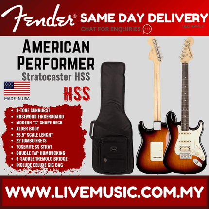 Fender American Performer HSS Stratocaster Electric Guitar, Rosewood Fretboard with FREE Deluxe Gig Bag, 3-Tone Sunburst