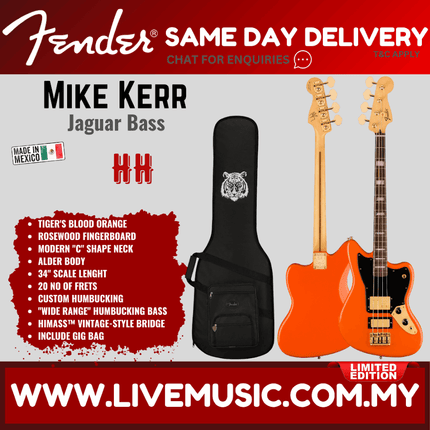 Fender Ltd Ed Mike Kerr Jaguar Bass Guitar, RW FB, Tiger's Blood Orange
