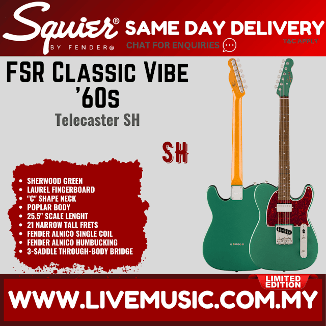 Squier Limited Edition FSR Classic Vibe 60s Telecaster SH Electric Guitar, Laurel FB, Sherwood Green