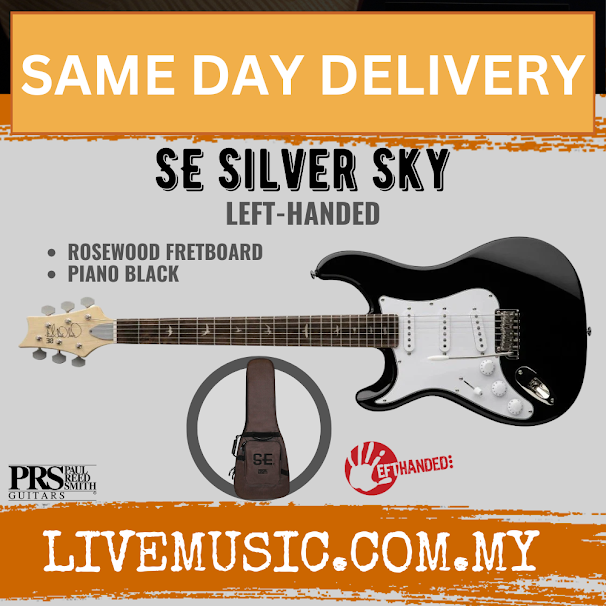 Left-handed electric guitar with black body, rosewood fretboard, and white pickups