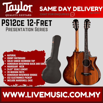 Taylor PS12ce Presentation Series 12-Fret Honduran RW/Sinker Redwood Grand Concert Acoustic Guitar ( PS12ce-12F / PS12ce 12F )