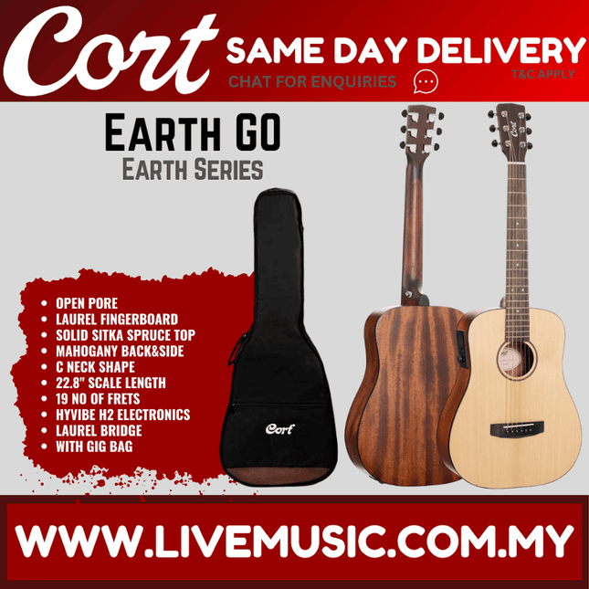 Cort Earth GO OP Solid Sitka Acoustic Electric Guitar w/ Gig Bag - Open Pore