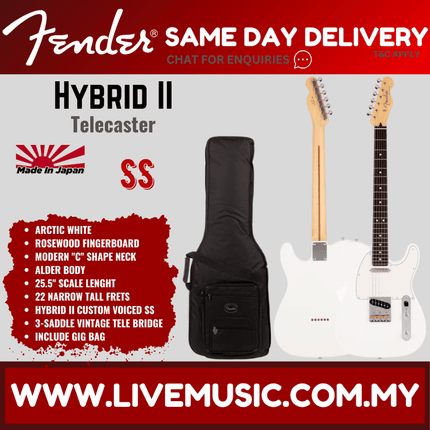 Fender Japan Hybrid II Telecaster Electric Guitar, Rosewood Fretboard with Gig Bag - Arctic White