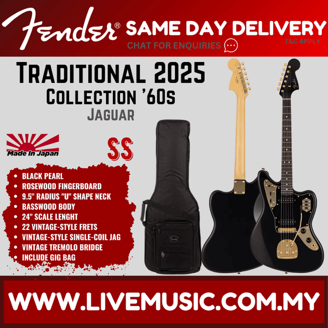 Fender Japan Traditional 2025 Collection 60s Jaguar Electric Guitar, RW FB, Black Pearl