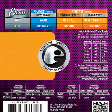 Elixir 16027 Nanoweb Phosphor Bronze Acoustic Guitar String (11-52)