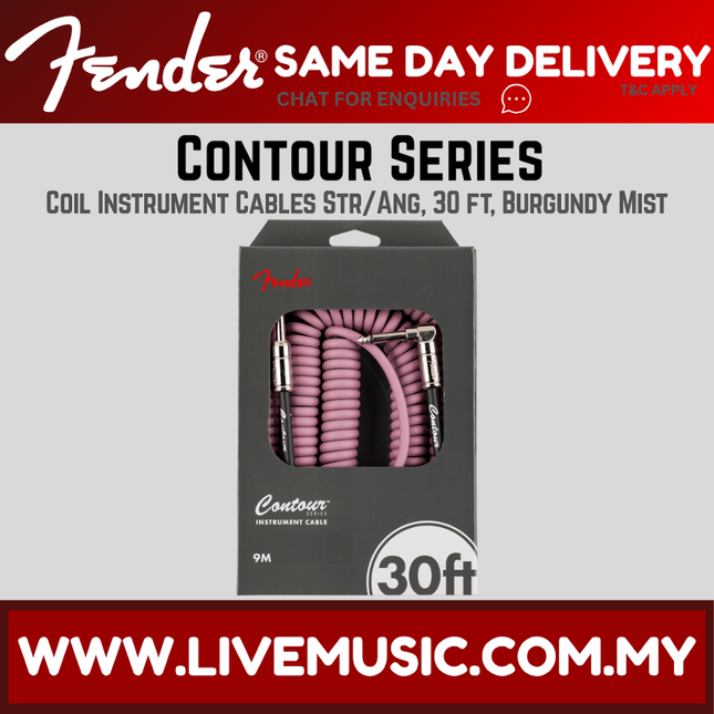 30ft coil instrument cable in Burgundy Mist with metallic ends, Contour Series