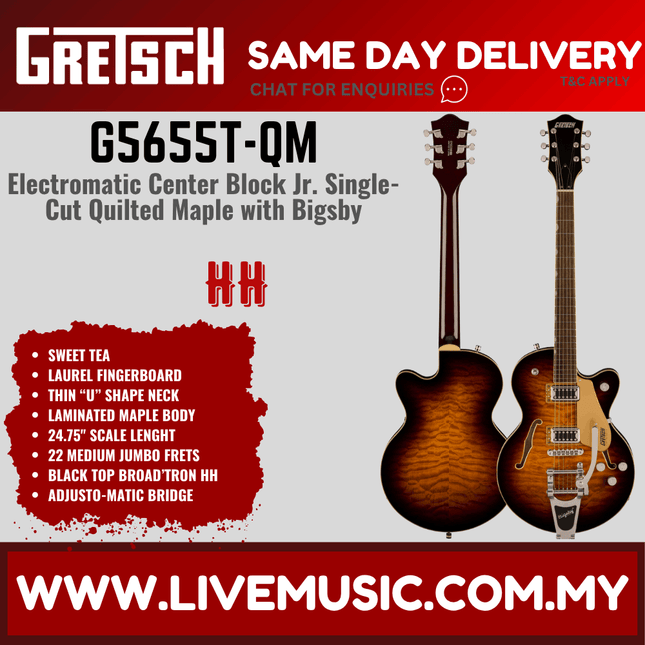 Gretsch G5655T-QM Electromatic Center Block Jr. Single-Cut Quilted w/ Bigsby Guitar, Maple FB, Sweet Tea