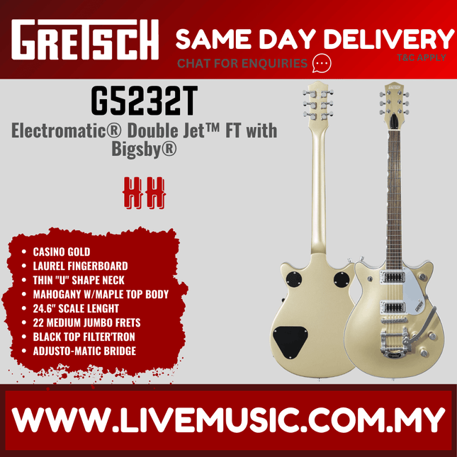 Gretsch G5232T Electromatic Double Jet FT Electric Guitar w/Bigsby, Laurel FB, Casino Gold