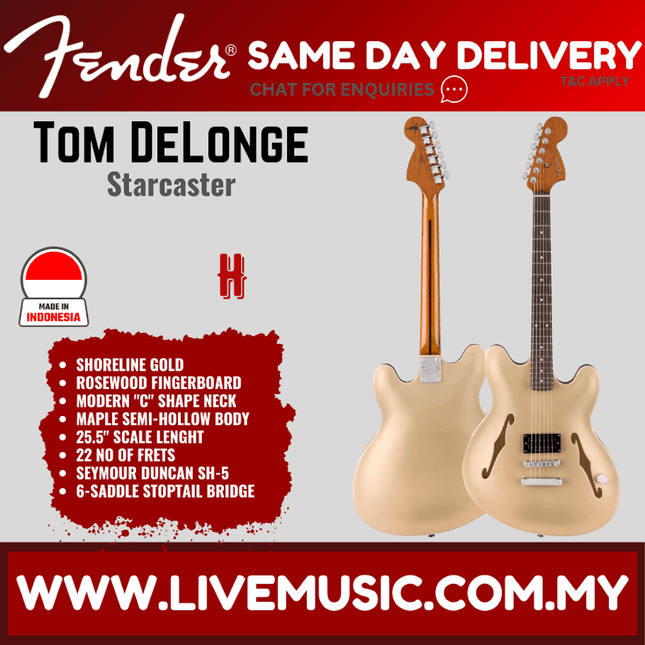 Fender Tom DeLonge Starcaster Electric Guitar, RW FB, Shoreline Gold / Surf Green / Shell Pink / Olympic White