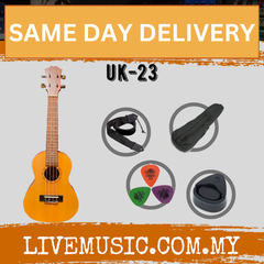 Natural 23-inch concert ukulele with bag, strap, pick and pick holder