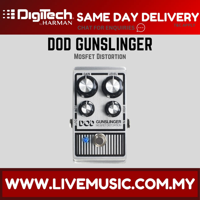 DOD Gunslinger MOSFET distortion guitar effects pedal with four black knobs and footswitch