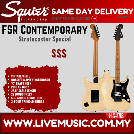 Squier FSR Contemporary Stratocaster Electric Guitar w/Special Roasted Maple Neck, Vintage White