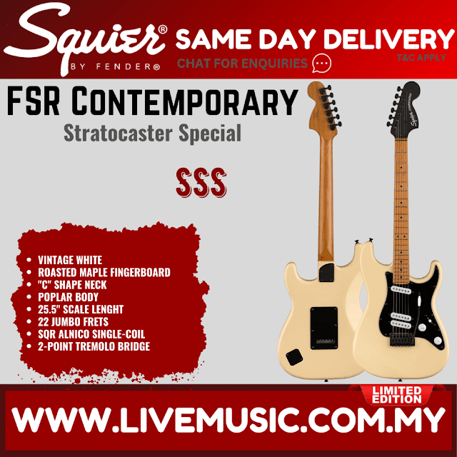 Squier FSR Contemporary Stratocaster Electric Guitar w/Special Roasted Maple Neck, Vintage White