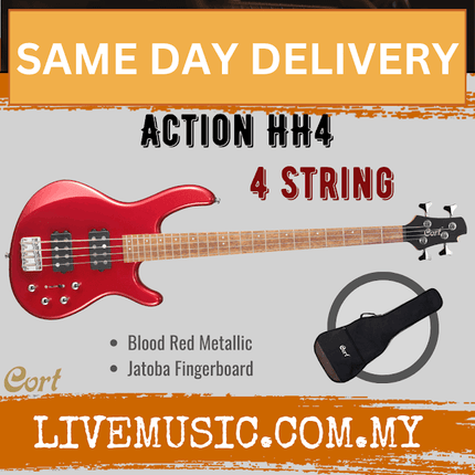 Blood red metallic 4-string electric bass guitar with Jatoba fretboard and gig bag