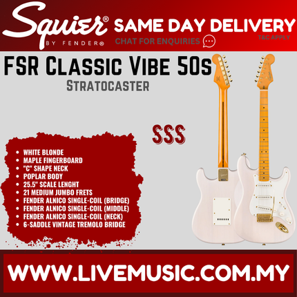 Squier FSR Classic Vibe 50s Stratocaster Electric Guitar, Maple FB, White Blonde