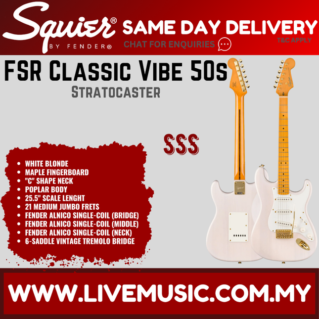 Squier FSR Classic Vibe 50s Stratocaster Electric Guitar, Maple FB, White Blonde