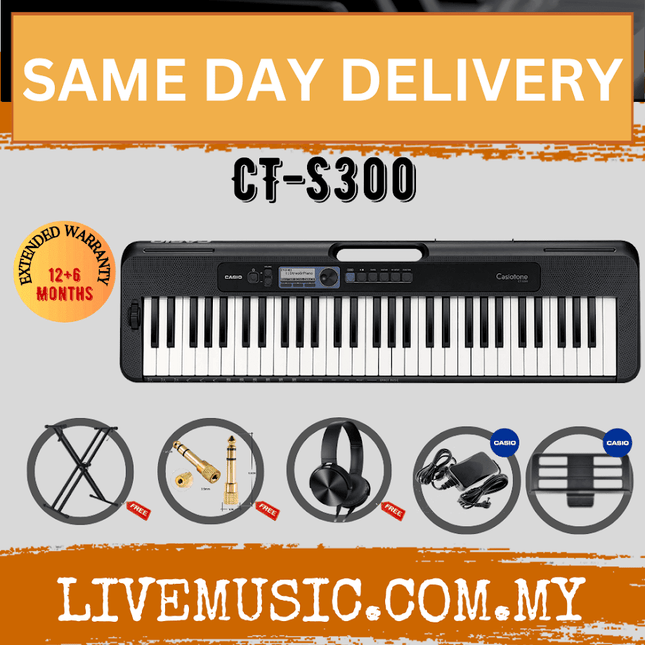 Black 61-key Casiotone keyboard with stand, cables, and sustain pedal shown.