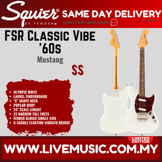 Squier FSR Classic Vibe 60s Mustang Electric Guitar Laurel FB, Olympic White