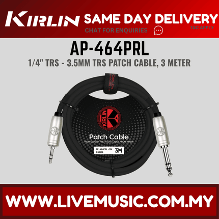 Kirlin AP-464PRL 3 Meter 1/4 Inch to 3.5mm TRS Balance Stereo Audio Cable for Headphone Speaker or Interface - Black (AP 464PRL/AP464PRL)