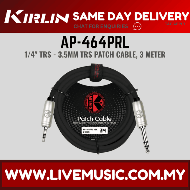 Kirlin AP-464PRL 3 Meter 1/4 Inch to 3.5mm TRS Balance Stereo Audio Cable for Headphone Speaker or Interface - Black (AP 464PRL/AP464PRL)