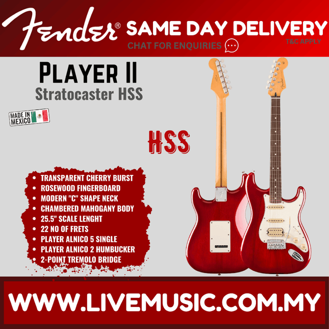 Fender Player II Stratocaster HSS Electric Guitar, RW FB, White Blonde / Transparent Cherry Burst