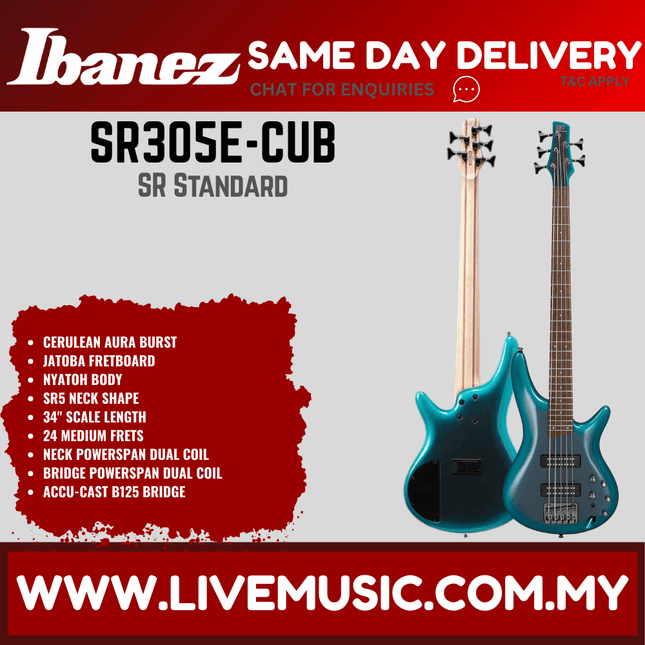 Ibanez Standard SR305E 5-String Electric Bass Guitar - Cerulean Aura Burst / Midnight Gray Burst (SR305E-MGB SR305E-CUB)