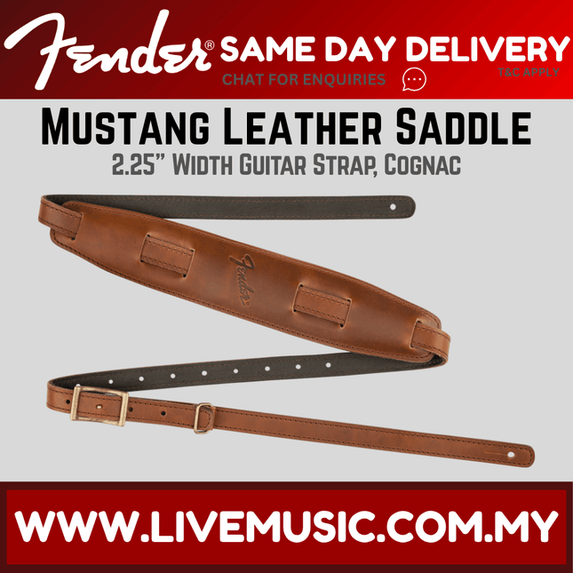 Cognac leather guitar strap with saddle-style center and adjustable buckle tabs