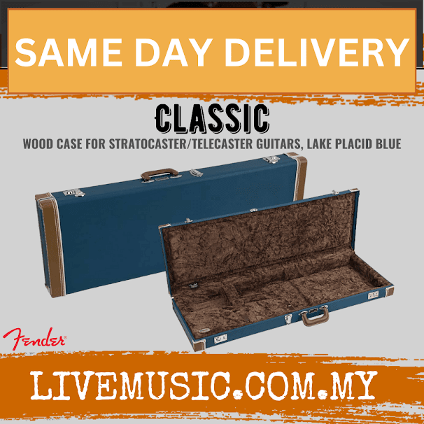 Lake Placid Blue guitar wood case with open lid and brown padded interior