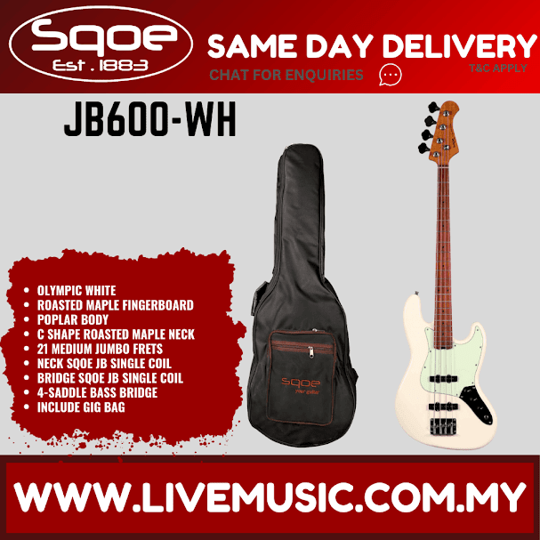 Sqoe JB600-WH 4-String Electric Bass Guitar With Gig Bag Roasted Maple FB, Olympic White ( JB600WH / JB600 WH )
